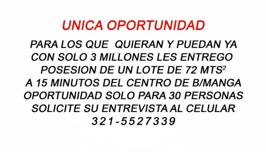 UNICA OPORTUNIDAD! Venta de Lotes a 15 minutos del centro de Bucaramanga
