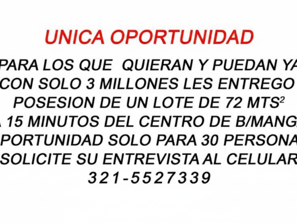 UNICA OPORTUNIDAD! Venta de Lotes a 15 minutos del centro de Bucaramanga
